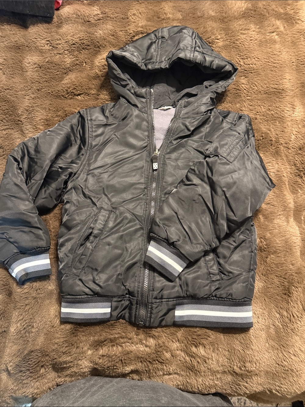 wonder nation Gray Hooded Puffer Jacket with Striped Cuffs